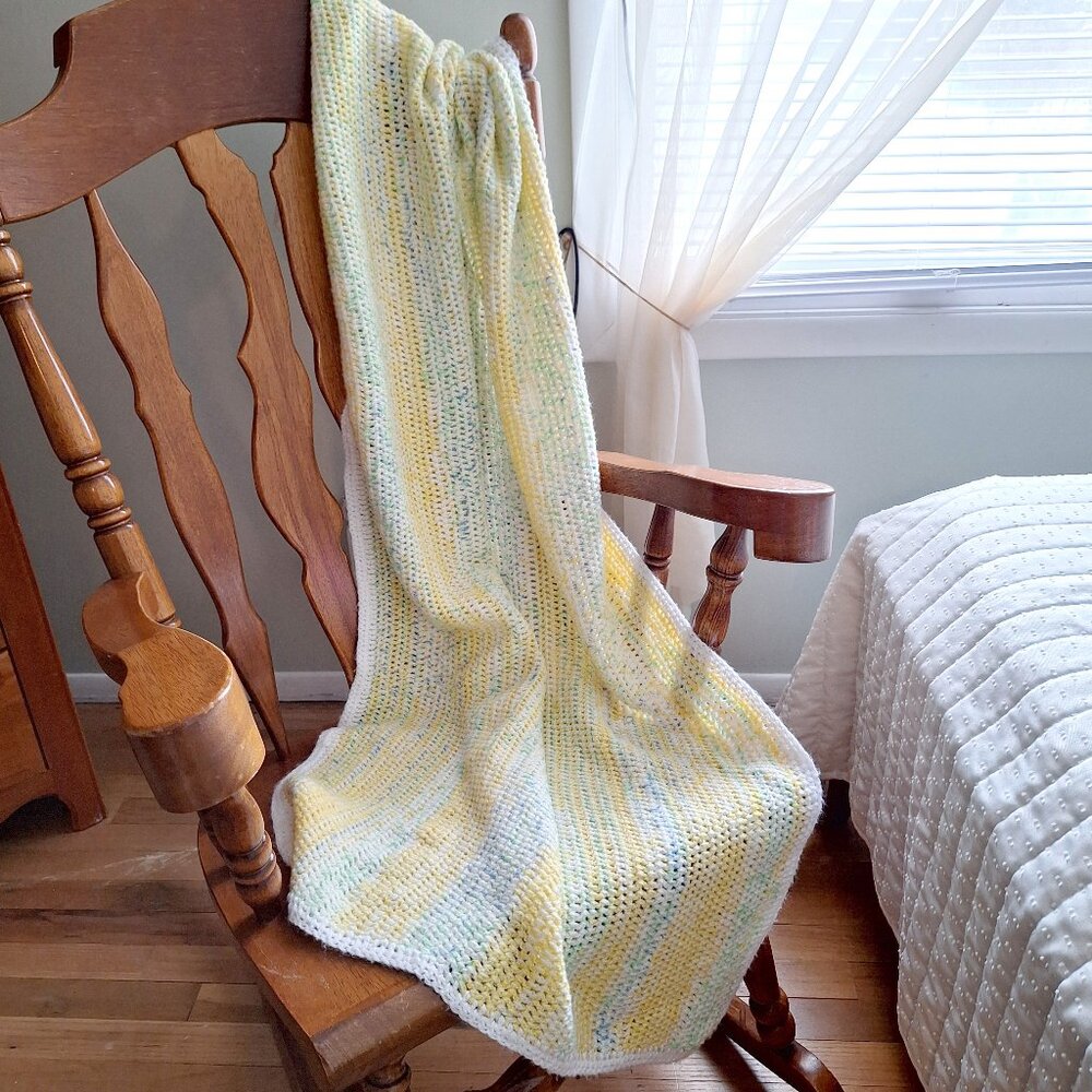 Hand Crocheted Baby Afghan Throw. Yellow Blue Green BOHO Nursery Size 30 wide